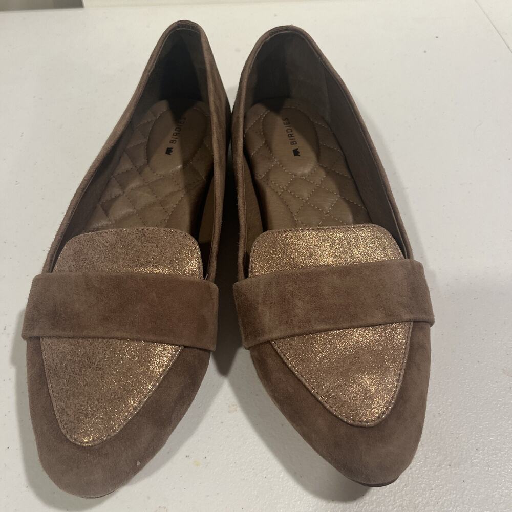 Birdie Women's Loafer Tan Suede Shimmer 7.5 Business Comfort Preppy Work Casual - Picture 2 of 9
